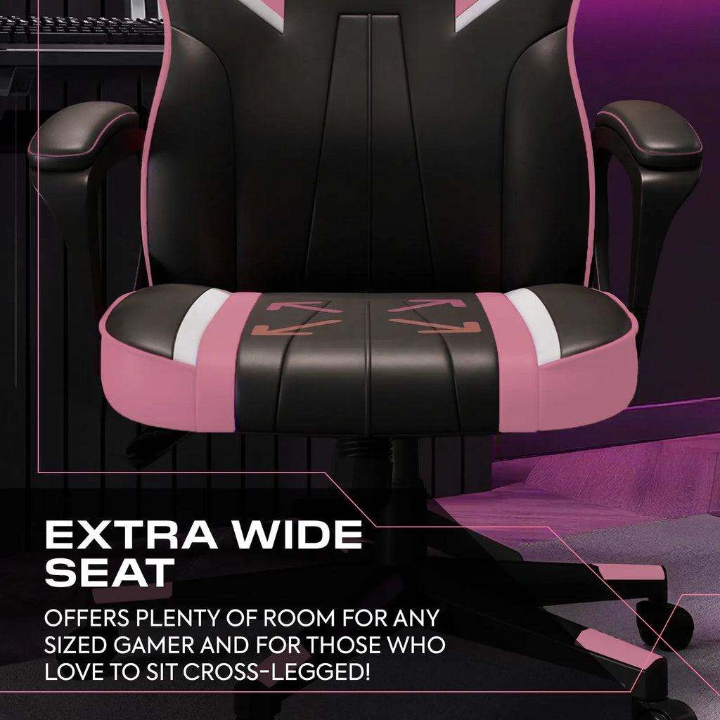 Gaming chair with pink and black design on a dark background