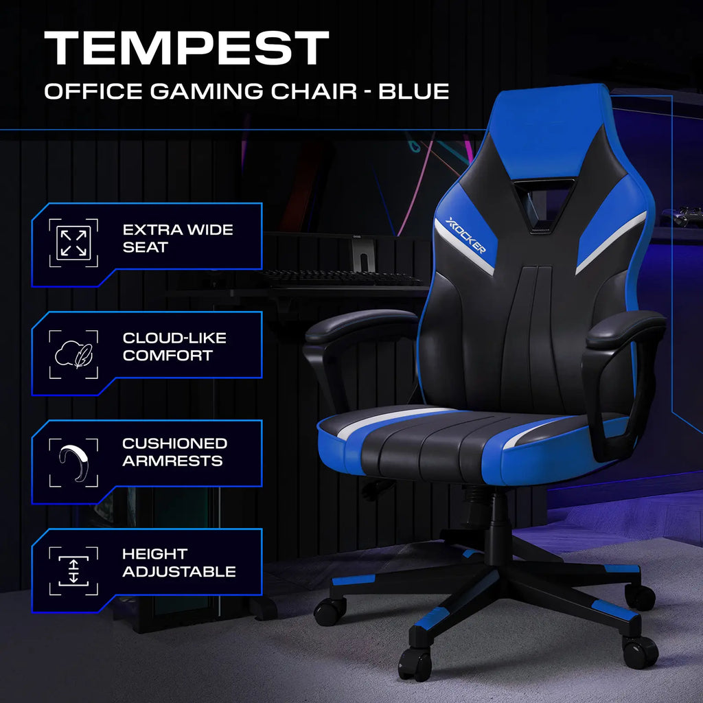 Blue and black office gaming chair with features highlighted on a dark background