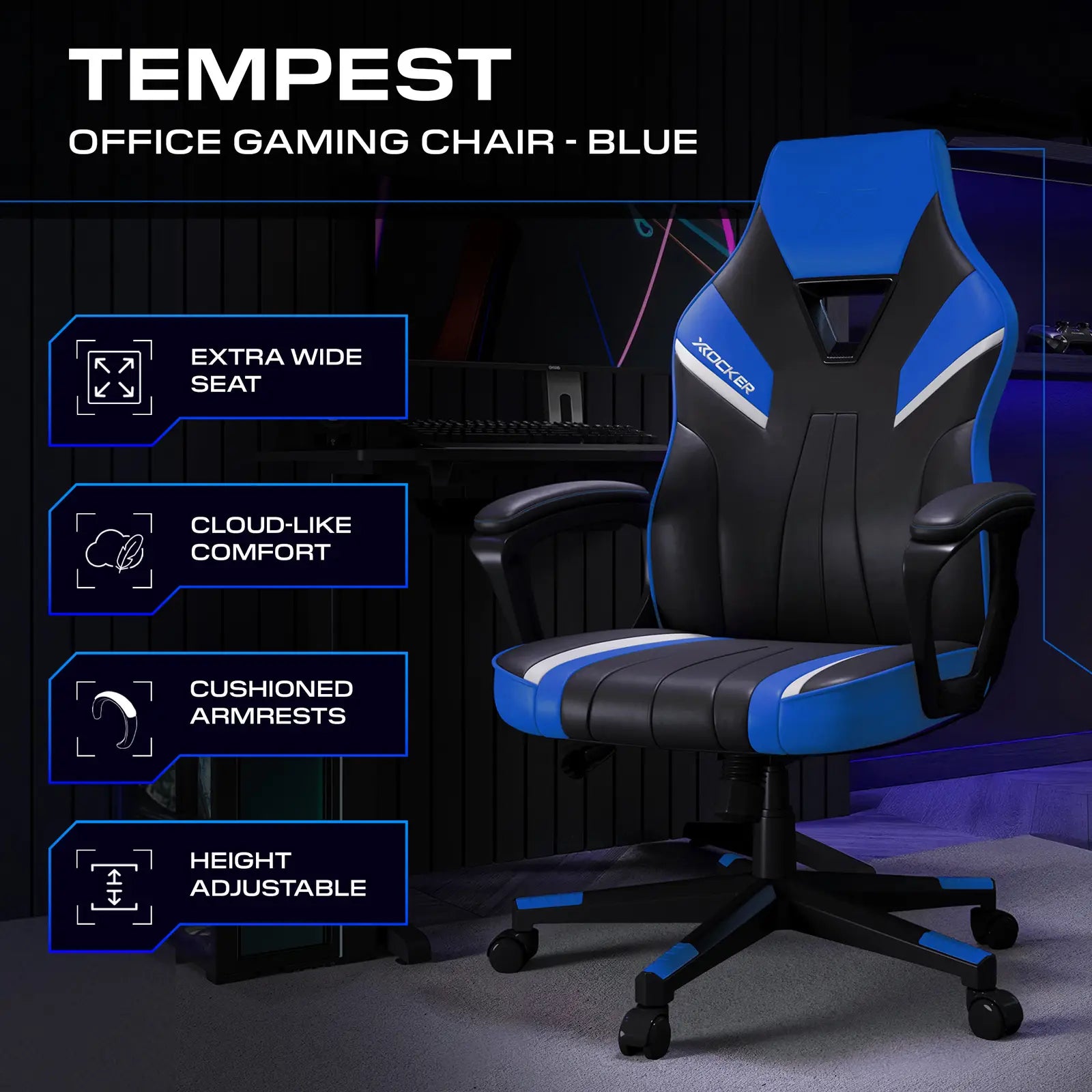 Blue and black office gaming chair with features highlighted on a dark background