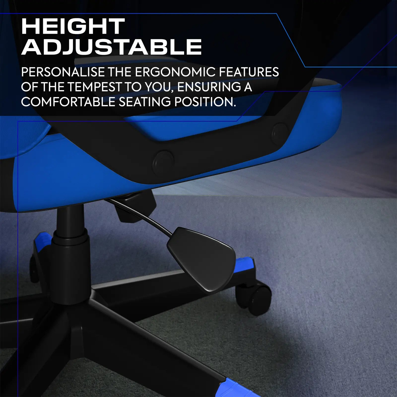Blue office chair with height adjustable feature on a dark background