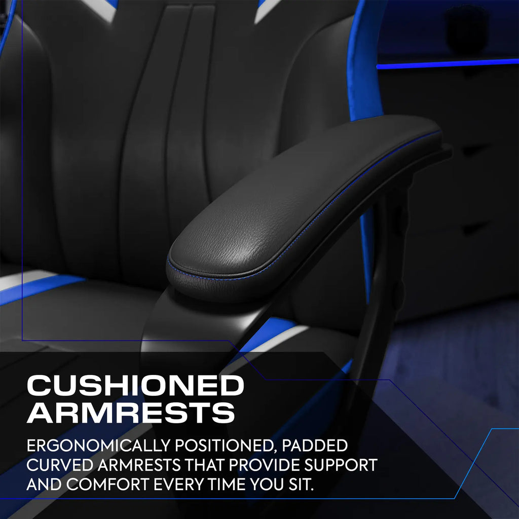 Gaming chair with cushioned armrests and text highlighting support and comfort.
