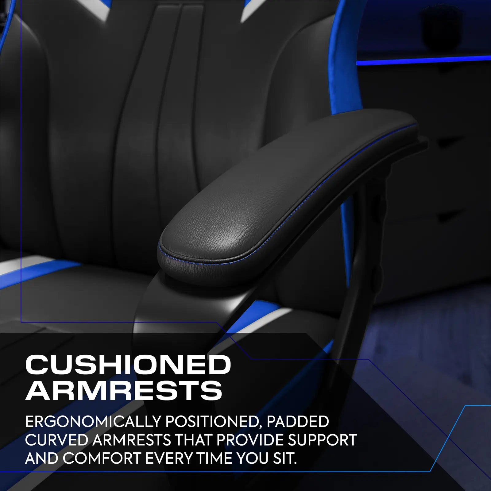 Gaming chair with cushioned armrests and text highlighting support and comfort.