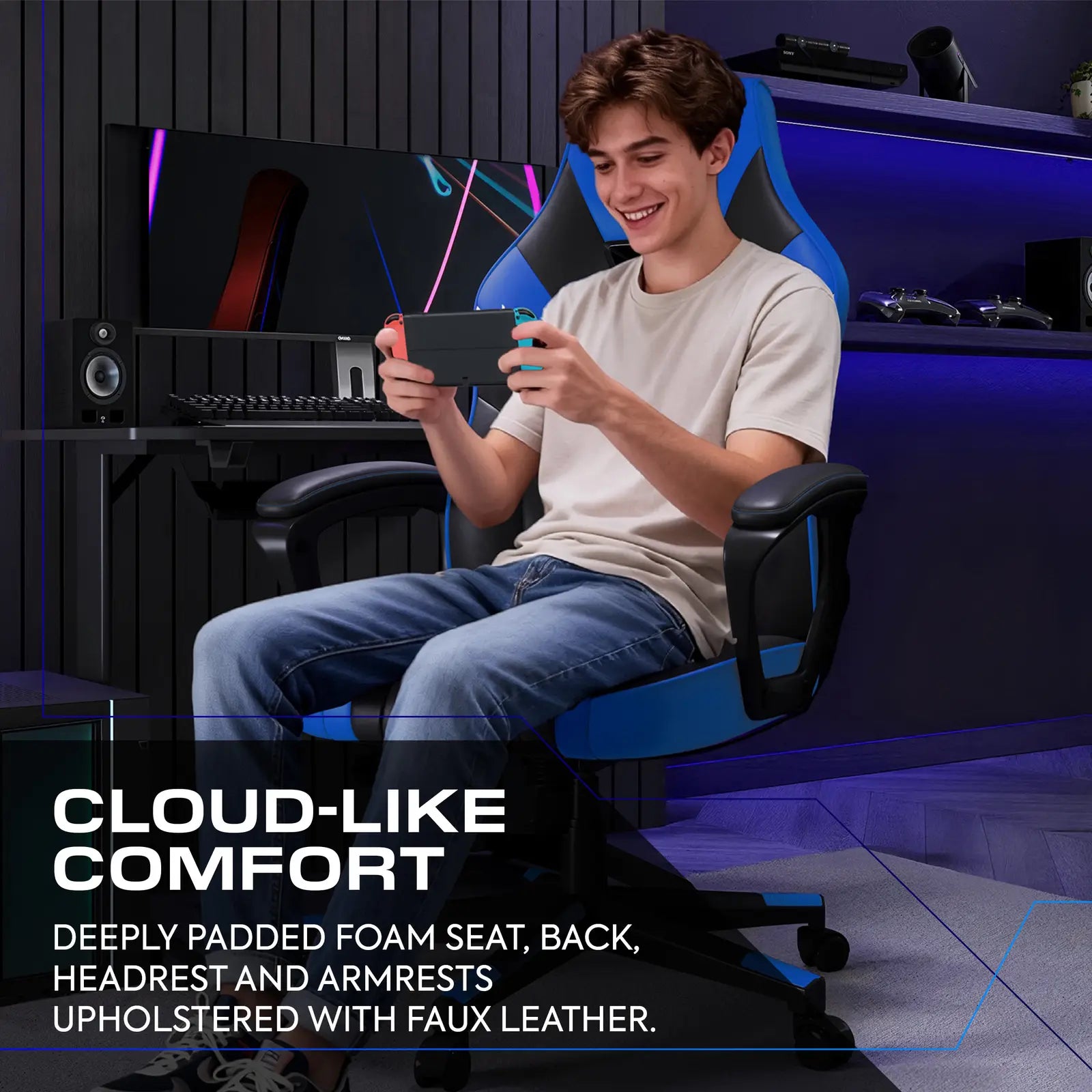Person sitting in a gaming chair with text about cloud-like comfort