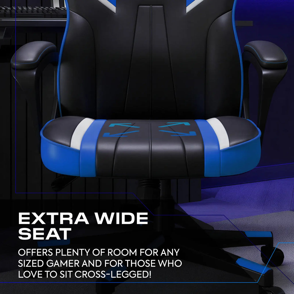 Gaming chair with black and blue design in a room setting