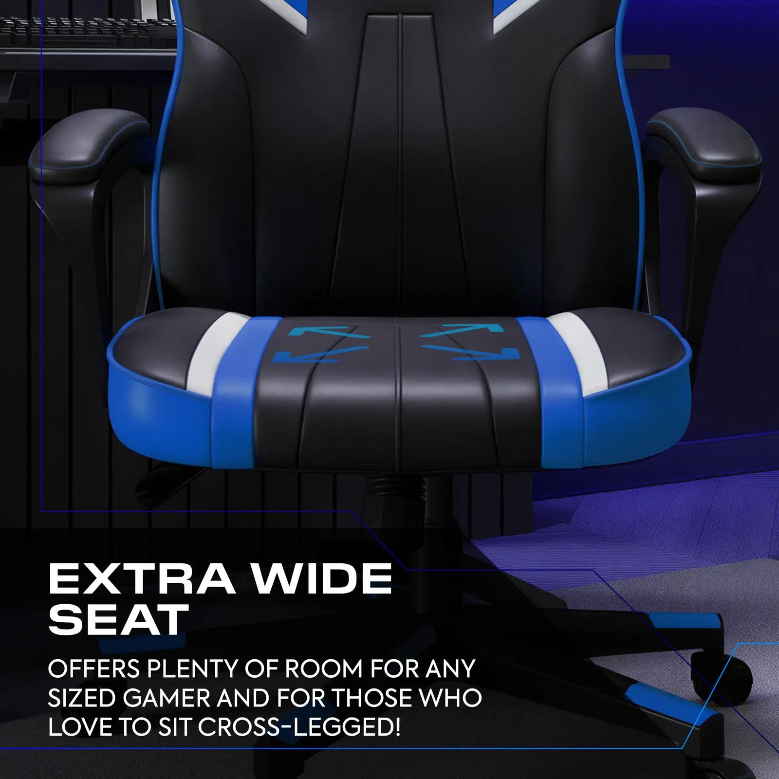 Gaming chair with black and blue design in a room setting