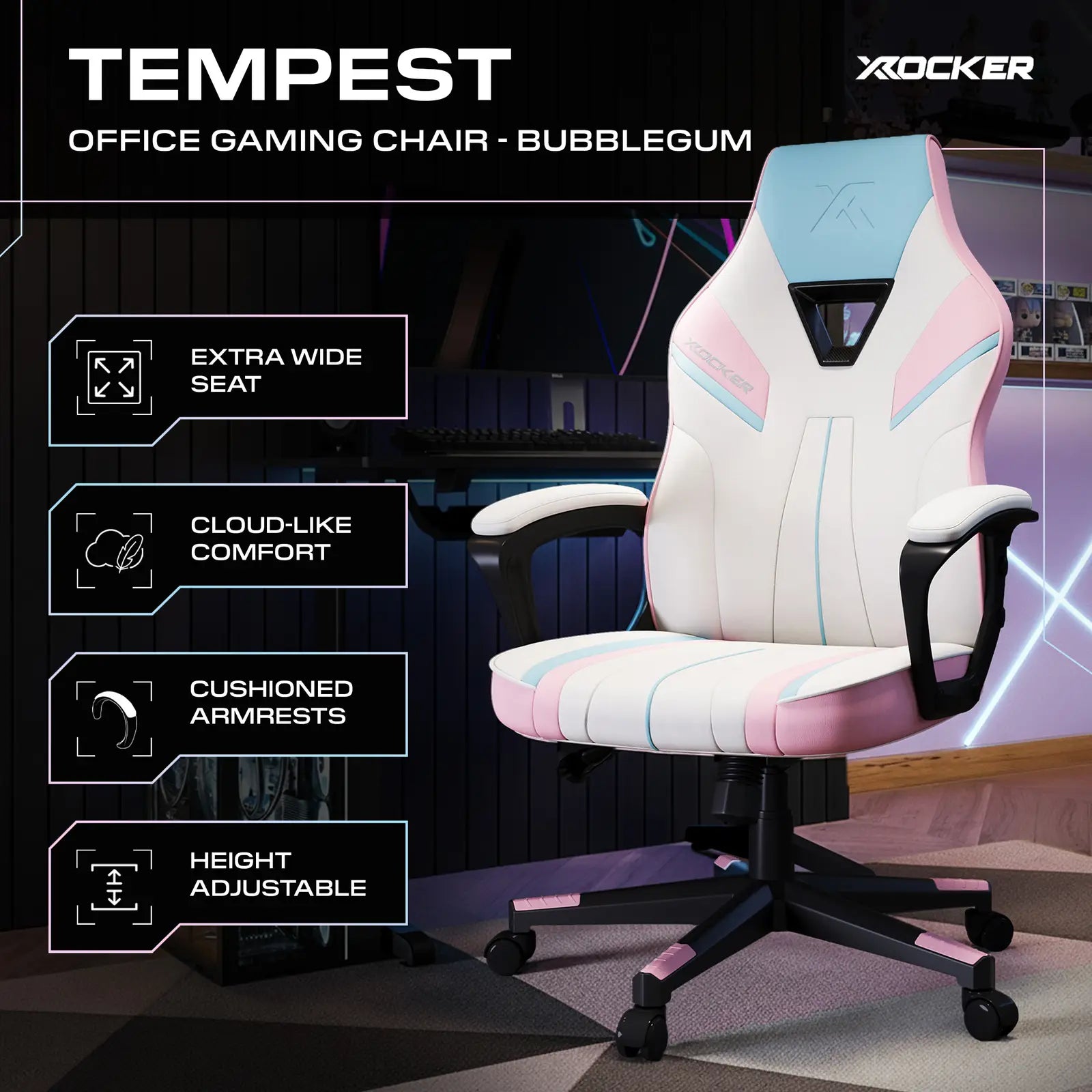 X rocker Tempest office gaming chair with bubblegum design in a room setting.