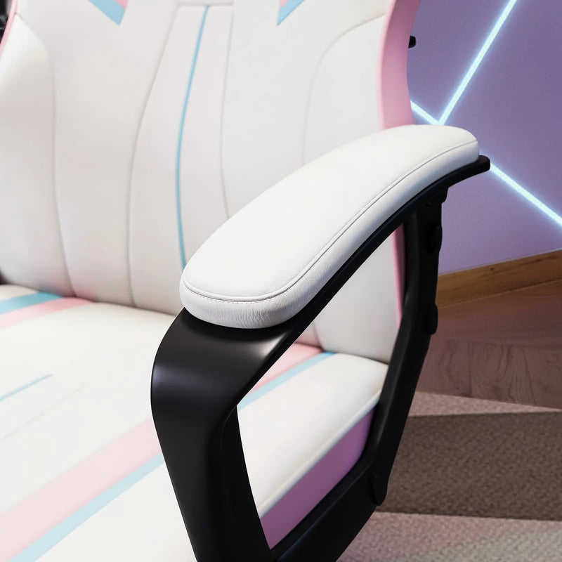 Close-up of a gaming chair with white cushioned seat and black armrests.
