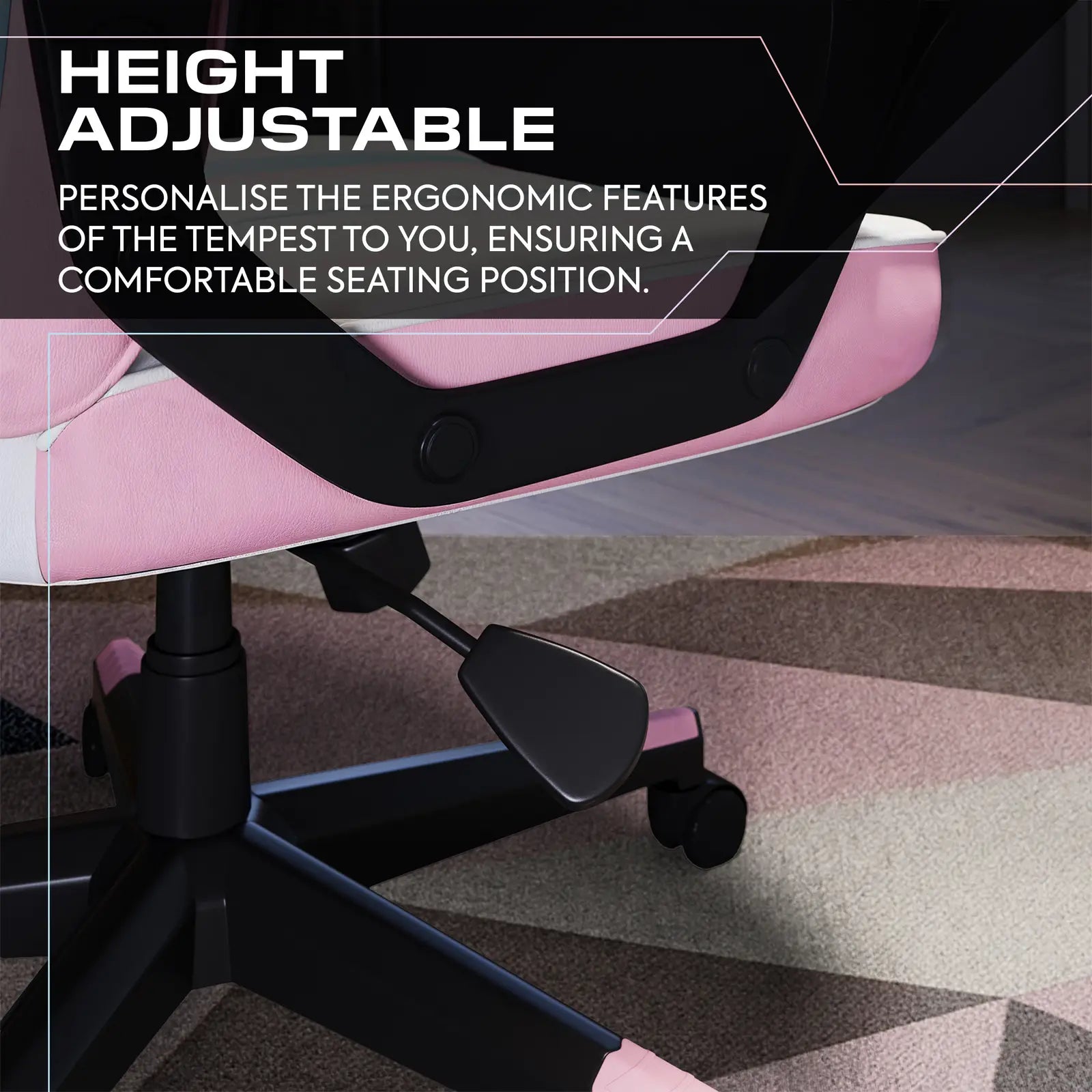 Pink office chair with height adjustable feature on a patterned floor.