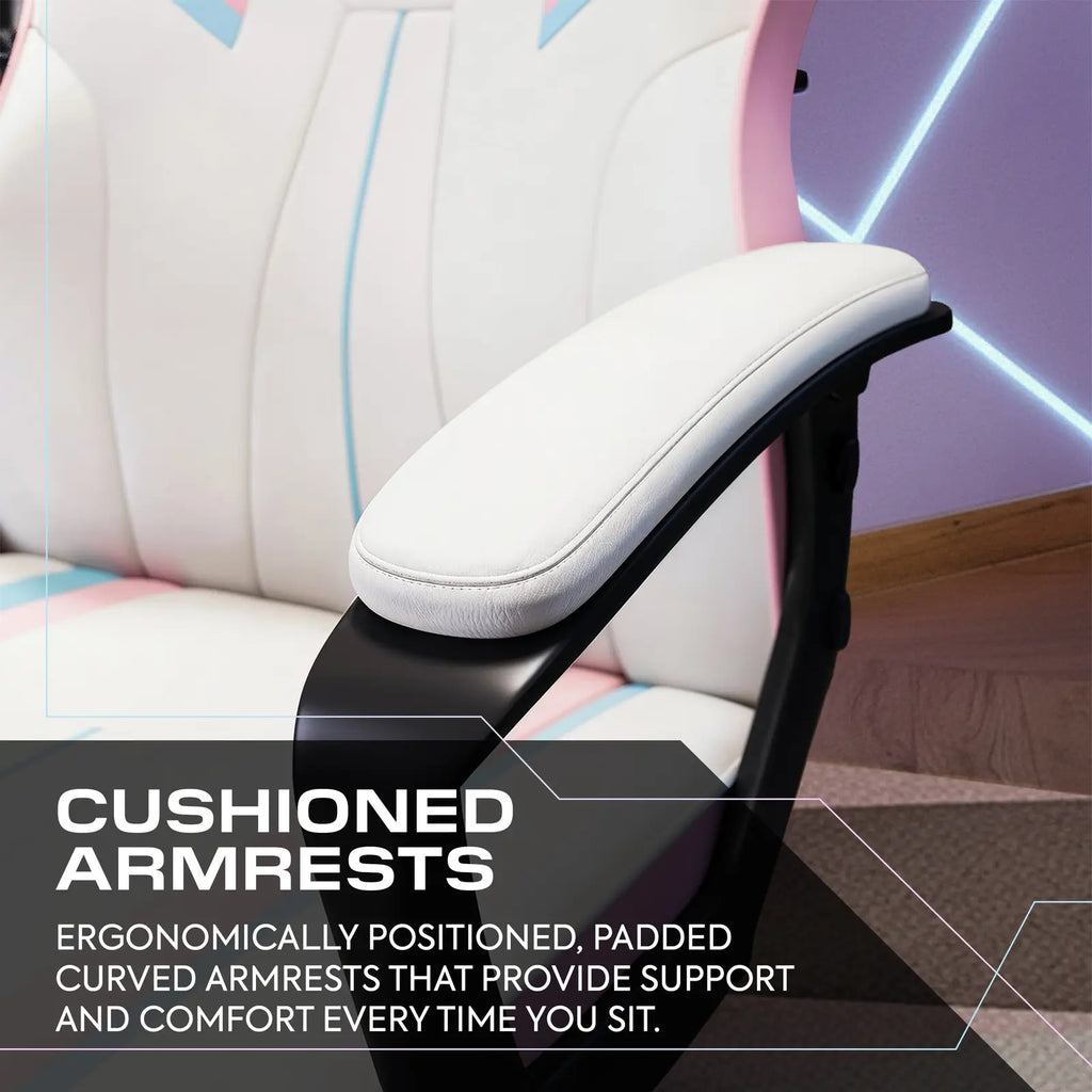 Ergonomic chair with cushioned armrests and text highlighting support and comfort.