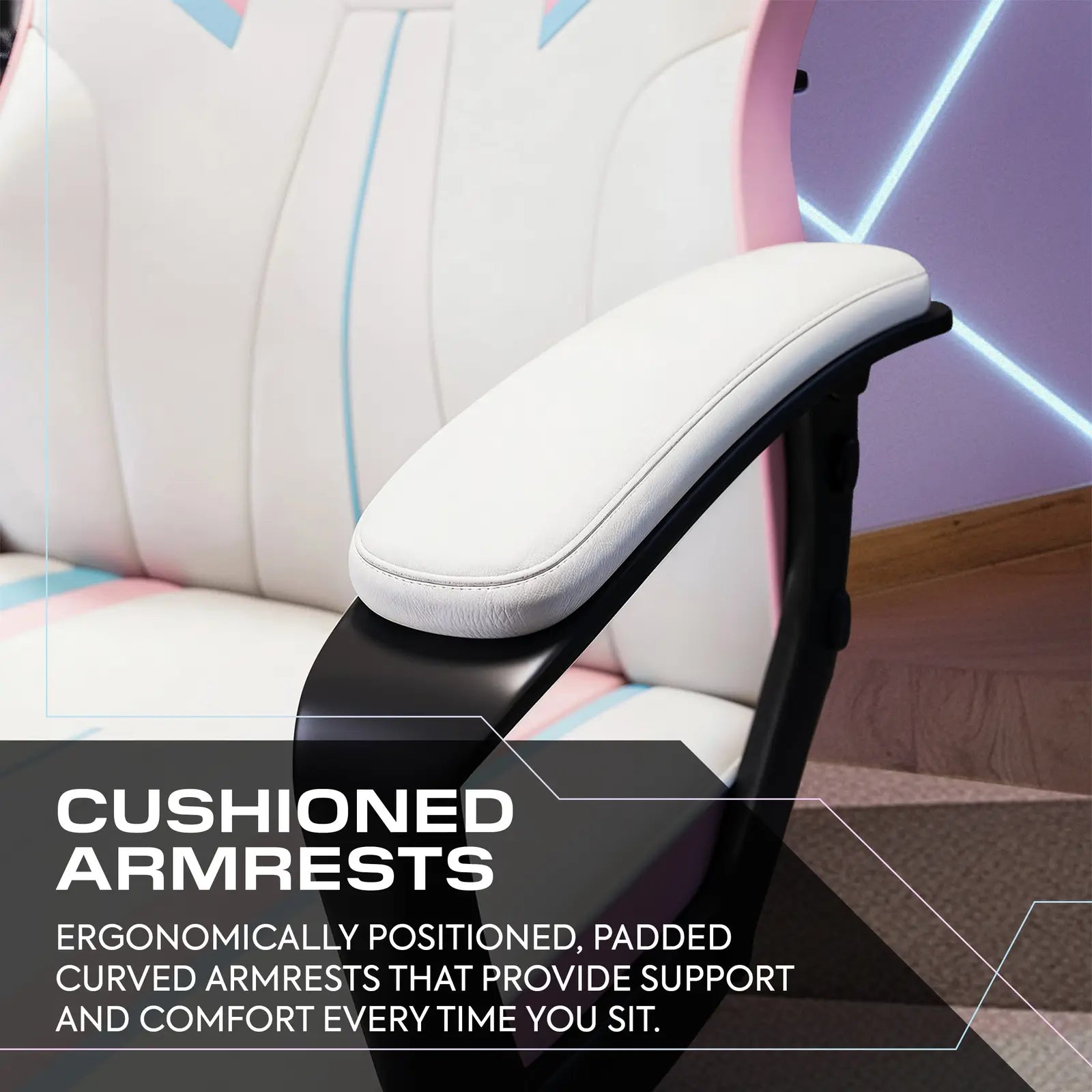 Ergonomic chair with cushioned armrests and text highlighting support and comfort.