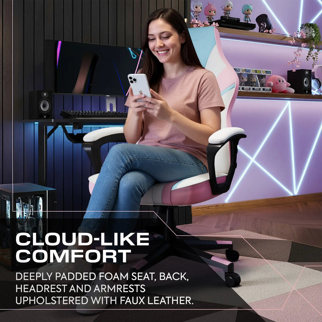 Woman sitting on a gaming chair in a room with gaming setup, using a phone.