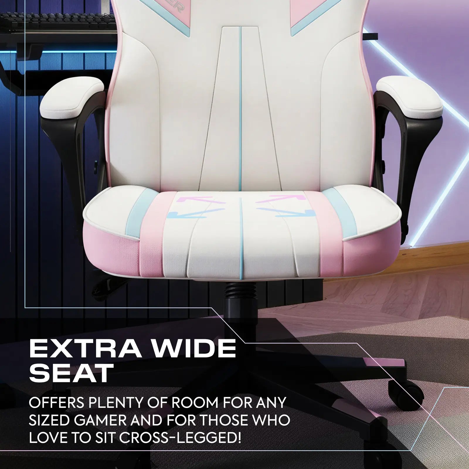 Gaming chair with extra wide seat in a modern room setting