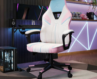 Gaming chair with colorful design in a room setup with a desk and neon lights.