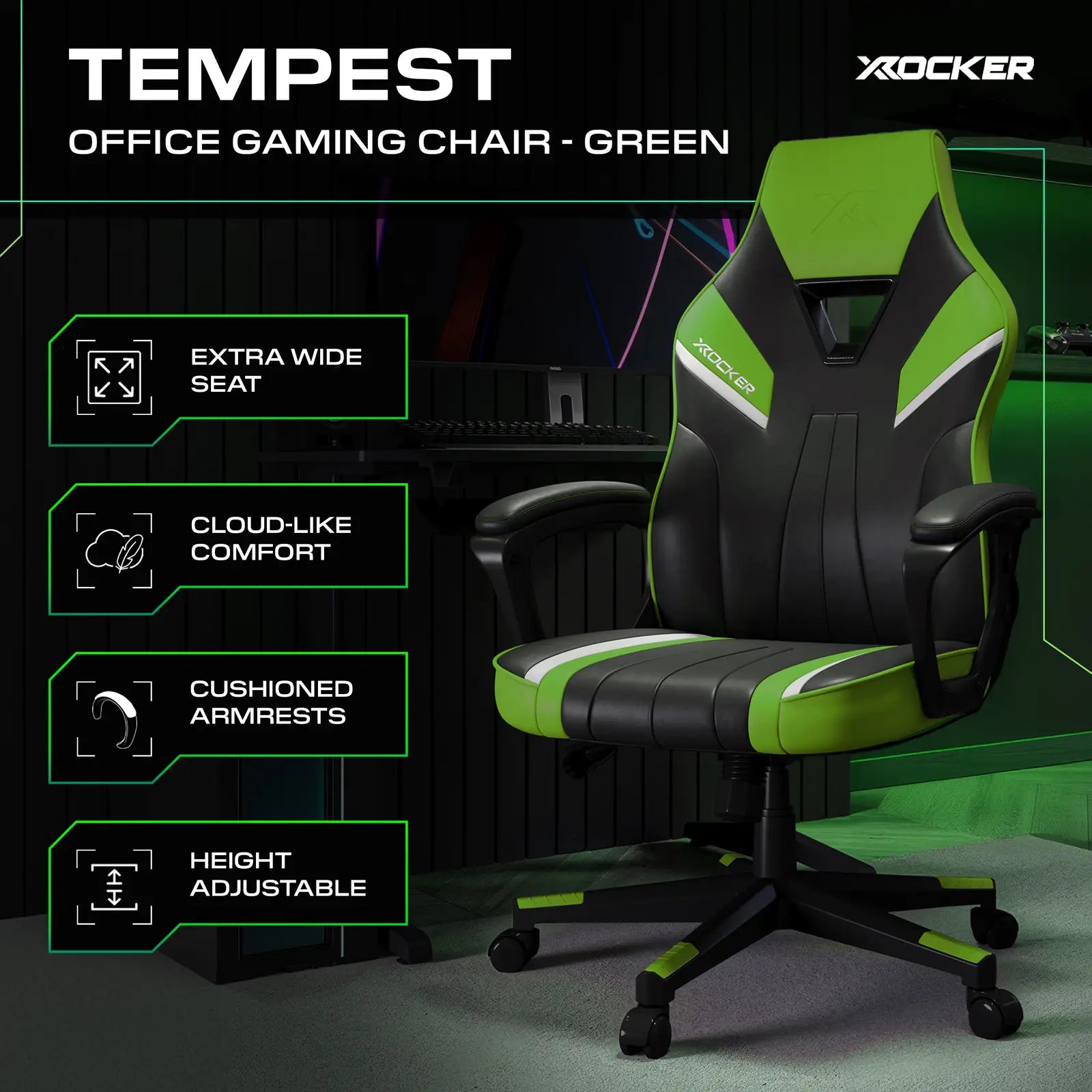 Green and black office gaming chair with features highlighted on a dark background