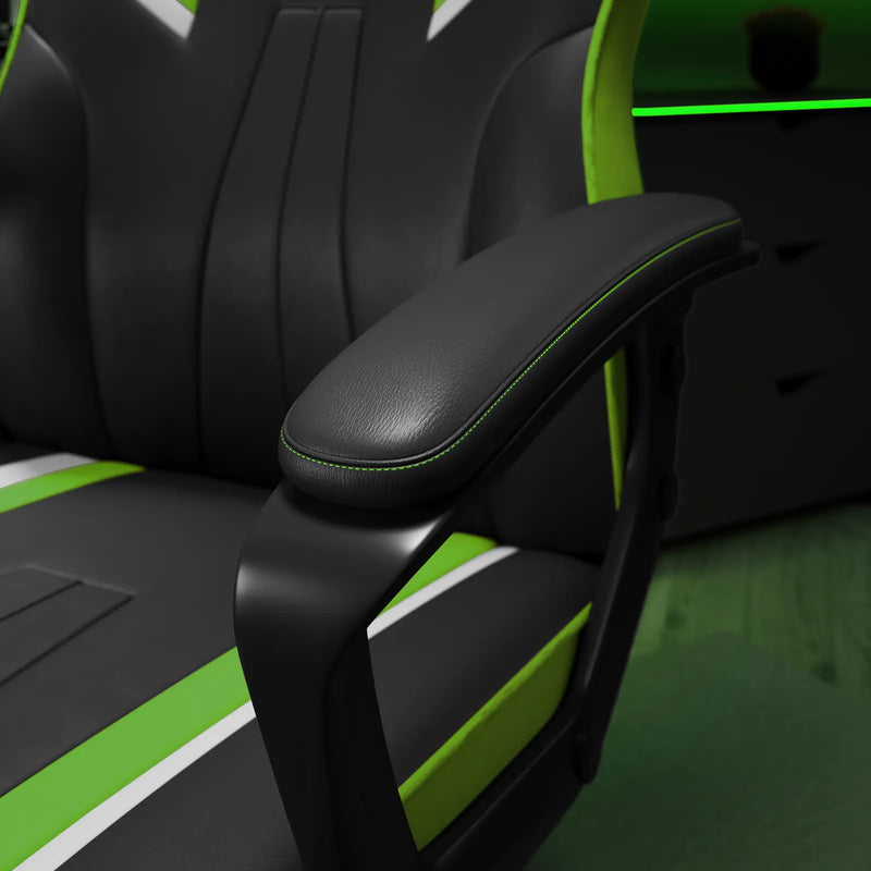 Close-up of a black and green gaming chair with armrest