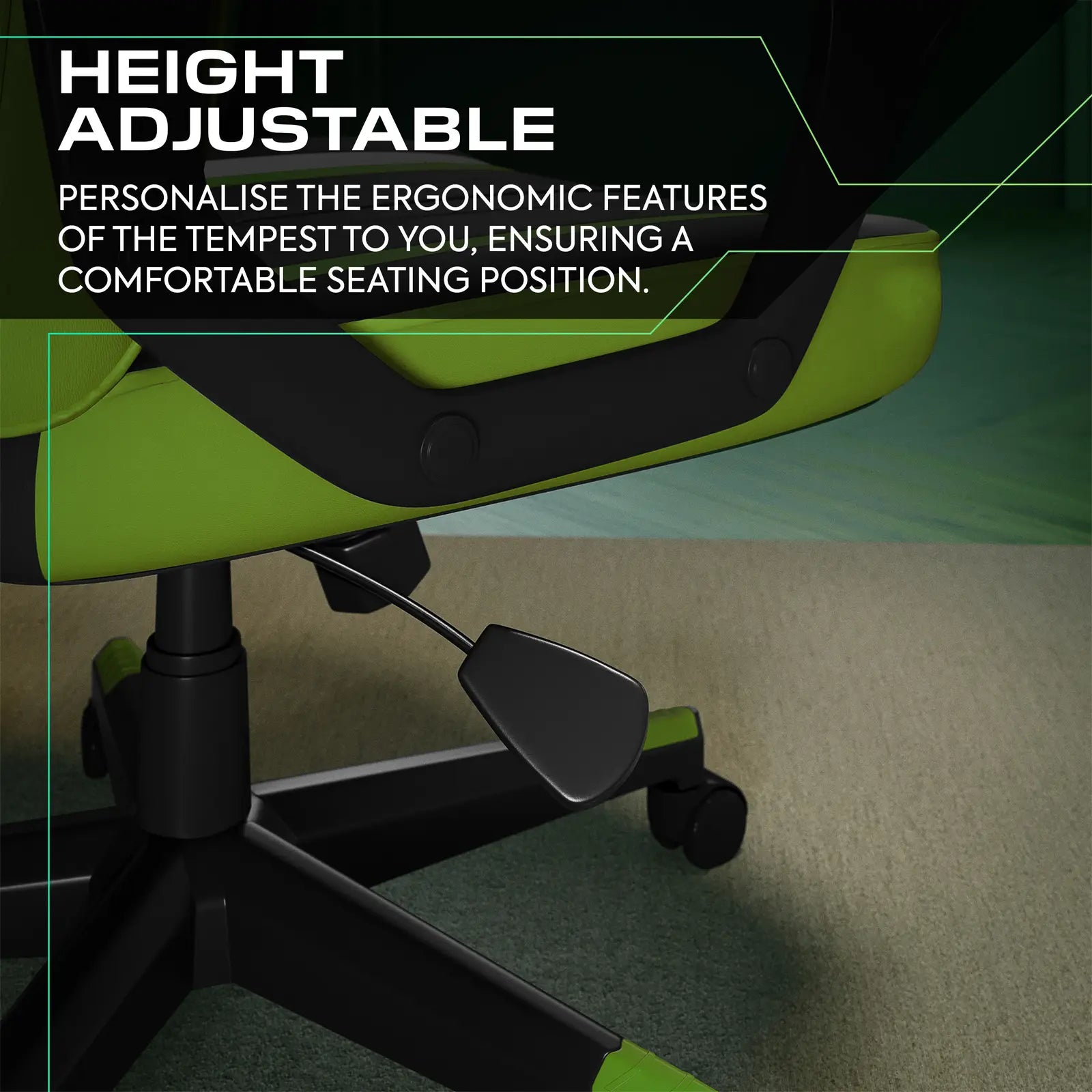 Green office chair with height adjustable feature on a blurred background