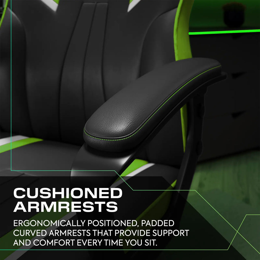Black gaming chair with cushioned armrests and text highlighting support and comfort.
