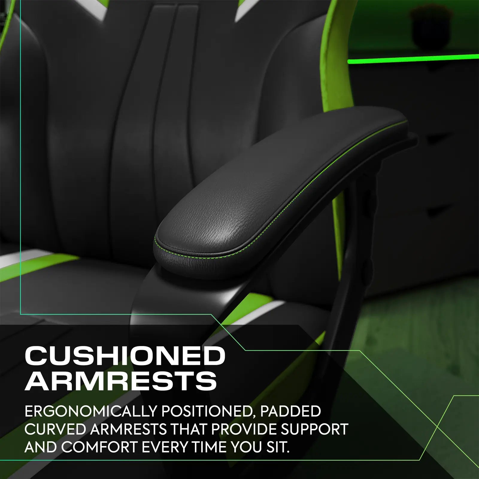 Black gaming chair with cushioned armrests and text highlighting support and comfort.