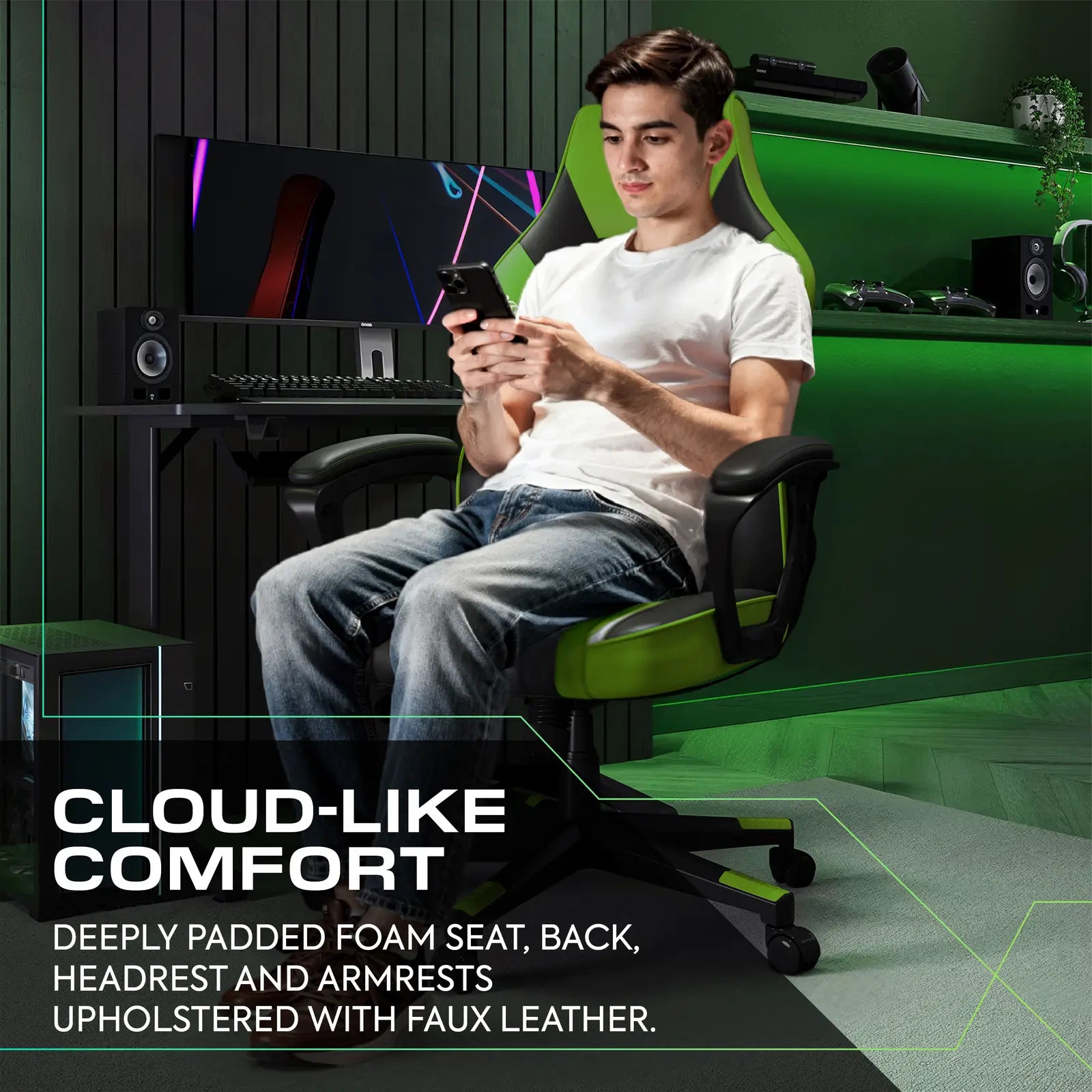 Person sitting in a gaming chair with text about cloud-like comfort
