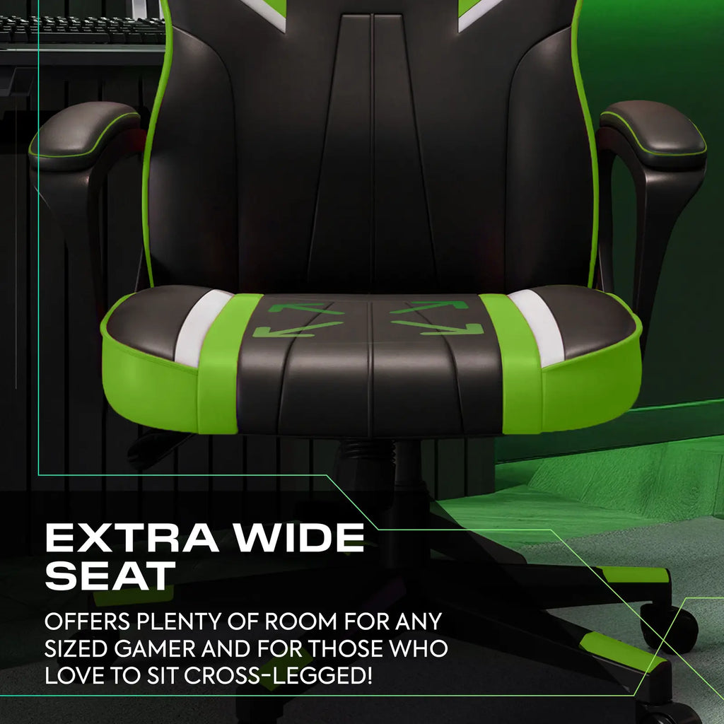 Gaming chair with green and black design, featuring text about extra wide seat.