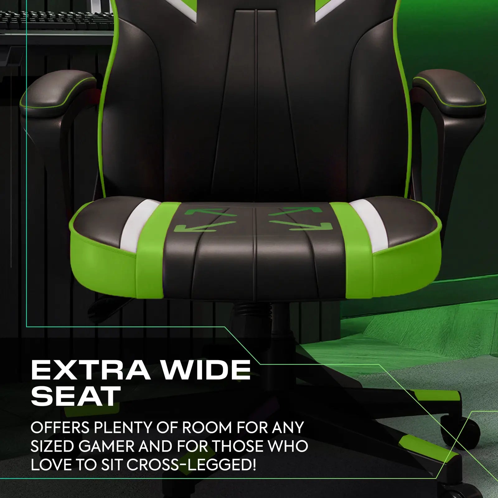 Gaming chair with green and black design, featuring text about extra wide seat.