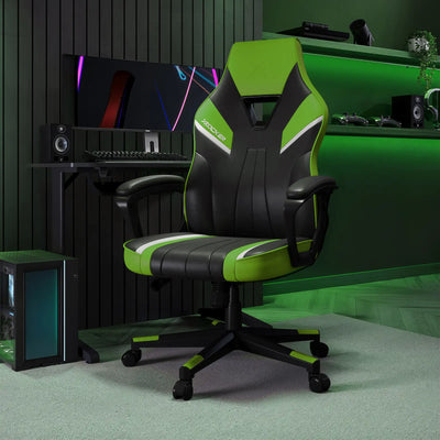 Gaming chair with green and black design in a gaming setup.