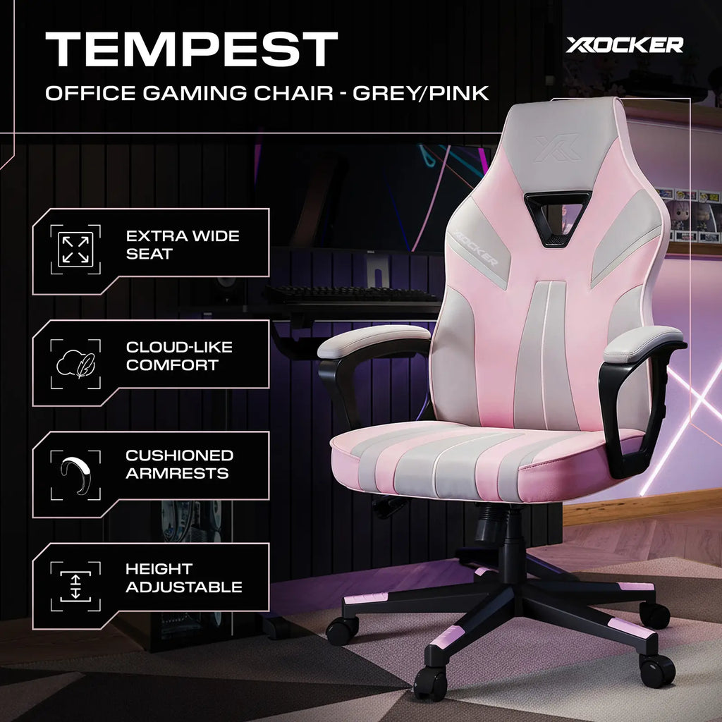 X rocker Tempest office gaming chair in grey and pink with features listed on a dark background.