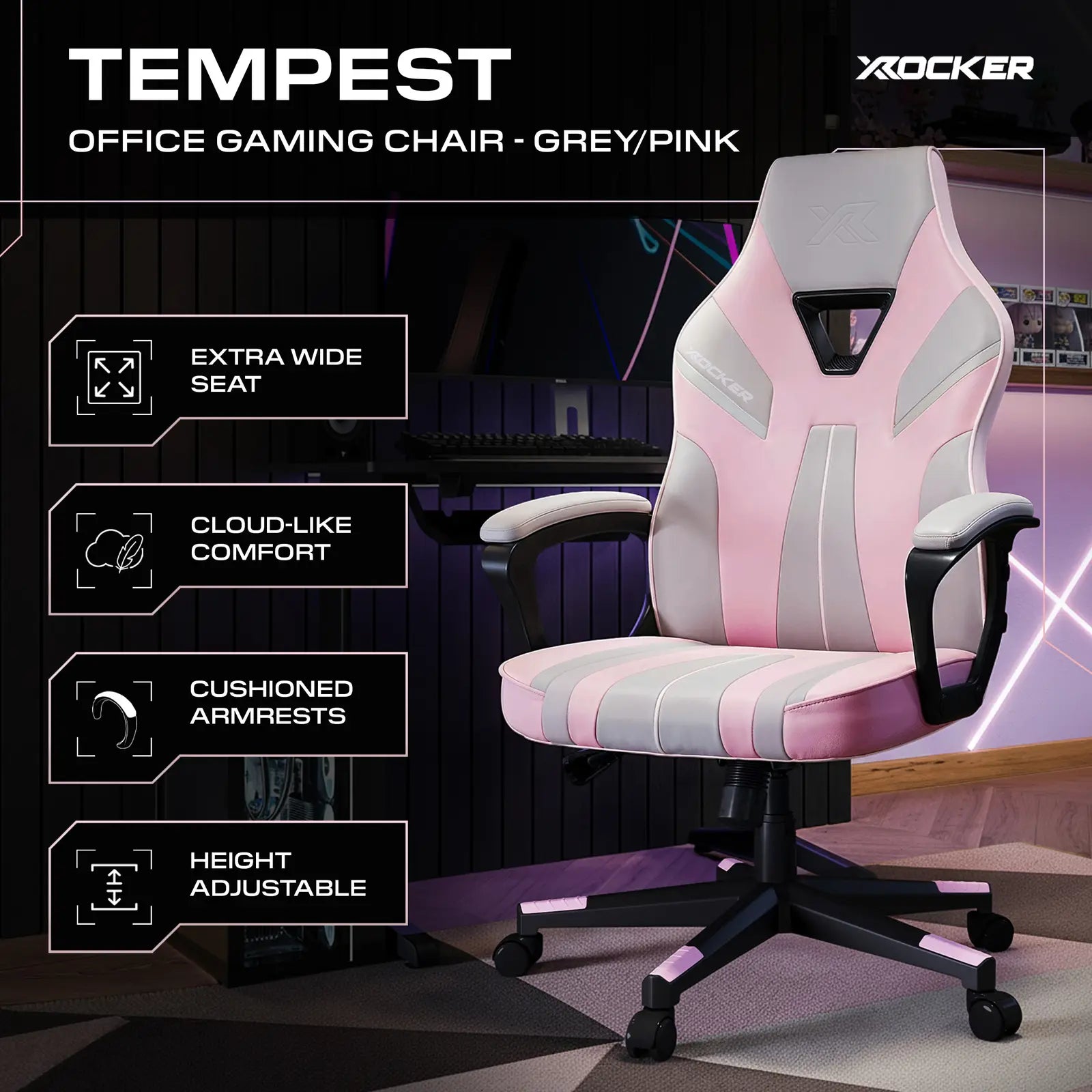 X rocker Tempest office gaming chair in grey and pink with features listed on a dark background.