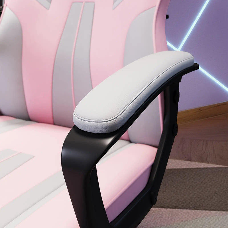 Pink and gray office chair with armrest adjustment in a room setting.