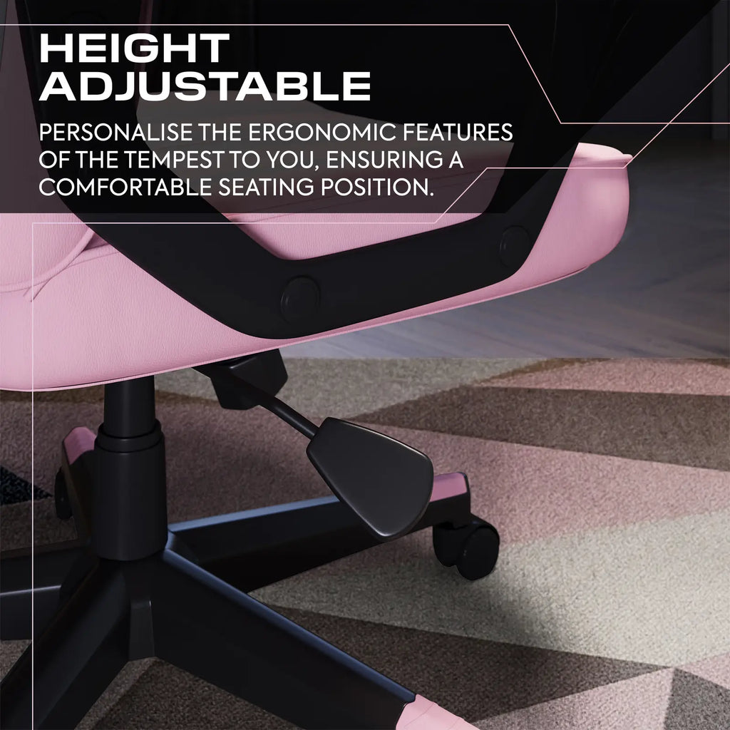 Pink office chair with height adjustable feature on a patterned floor.