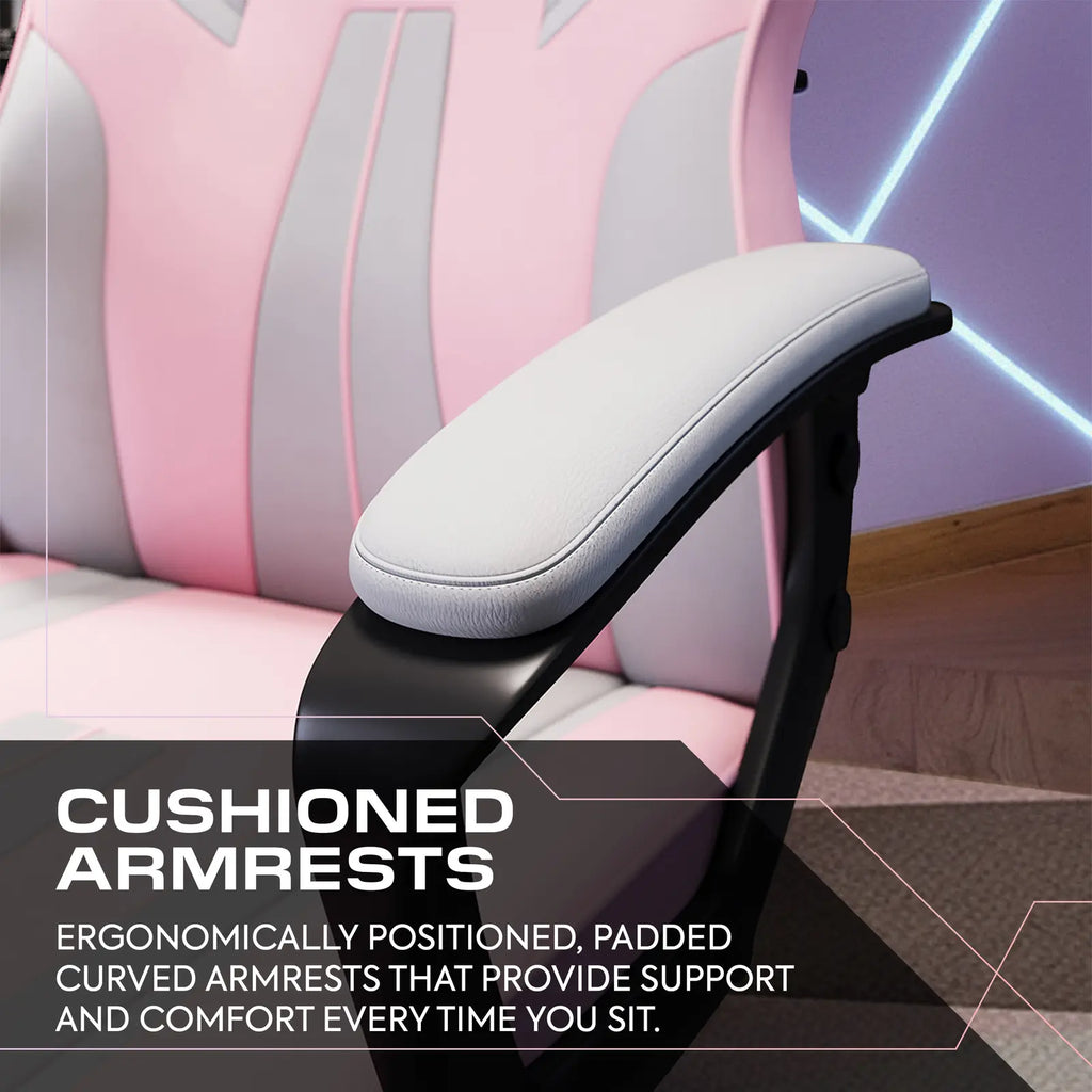 Ergonomic chair with cushioned armrests and text highlighting support and comfort.