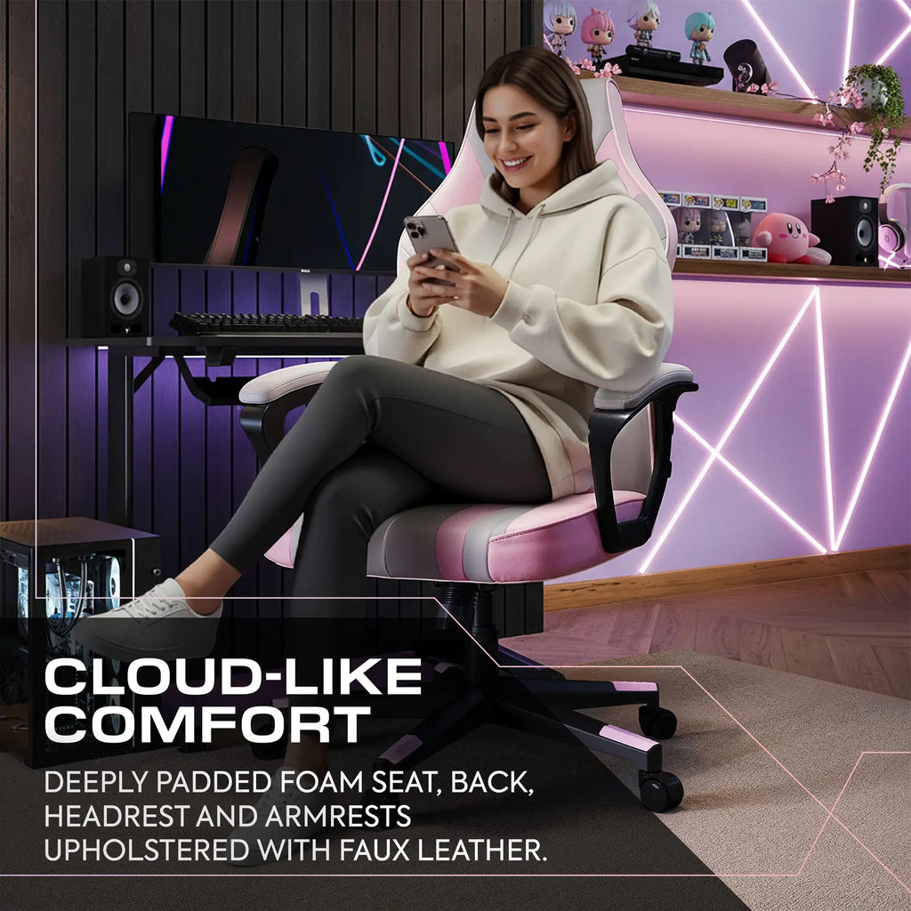 Woman sitting on a gaming chair in a room with neon lights and gaming equipment.
