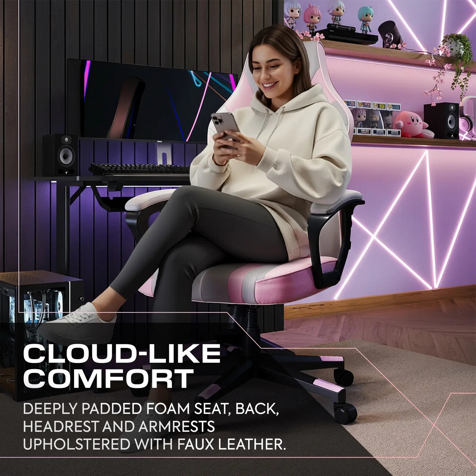 Woman sitting on a gaming chair in a room with neon lights and gaming equipment.