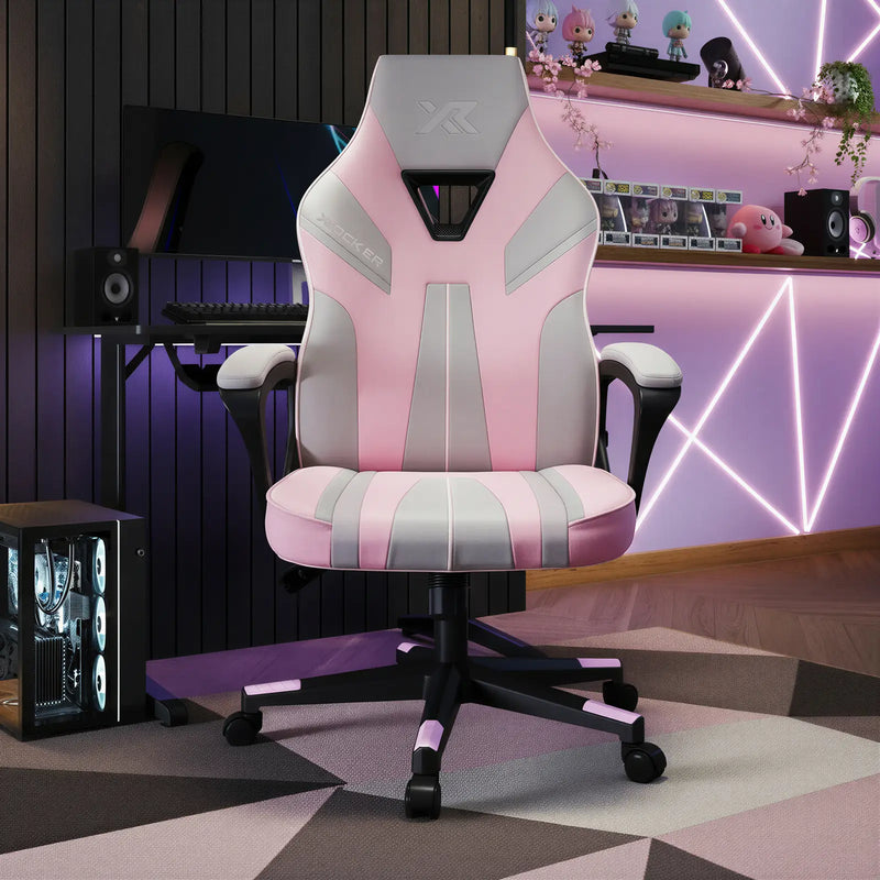 Pink and gray gaming chair in a room with neon lights and a desk setup.