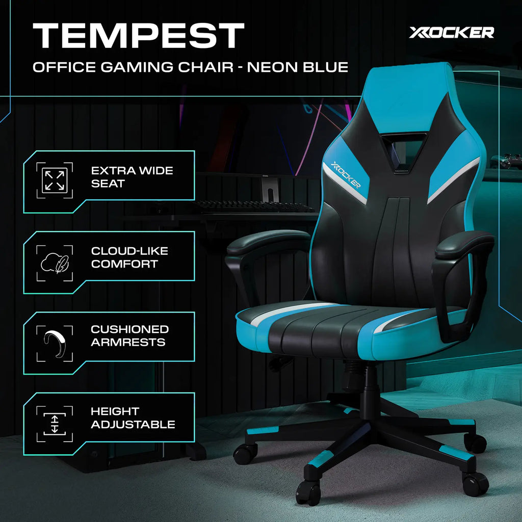 X rocker Tempest office gaming chair in neon blue with features listed on a dark background
