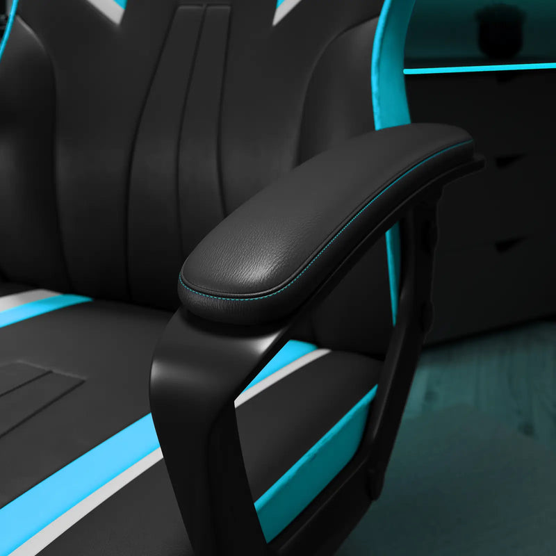 Close-up of a black and blue gaming chair with armrest.