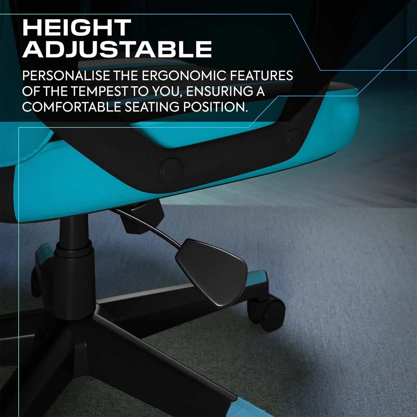 Blue office chair with height adjustable feature on a dark background