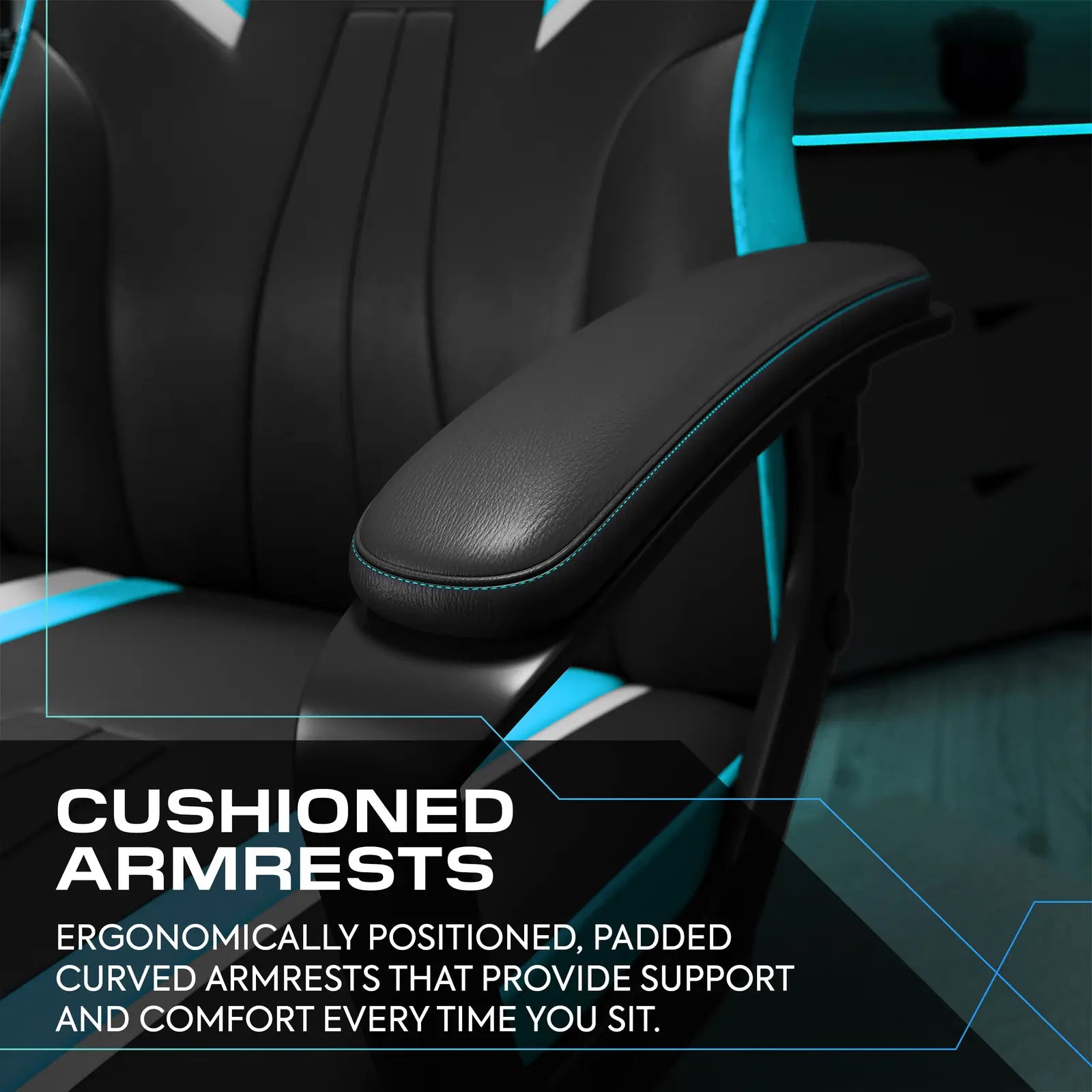 Ergonomic chair with cushioned armrests and text highlighting support and comfort.