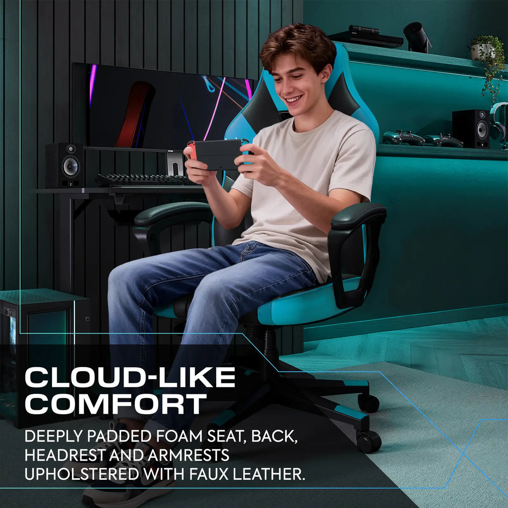 Person sitting in a gaming chair with text about cloud-like comfort