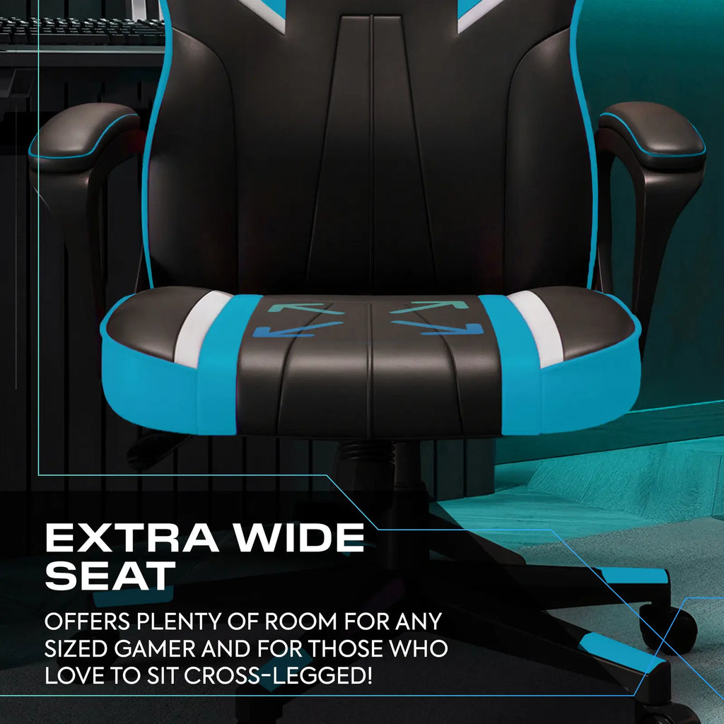 Gaming chair with black and blue design, featuring text about extra wide seat.