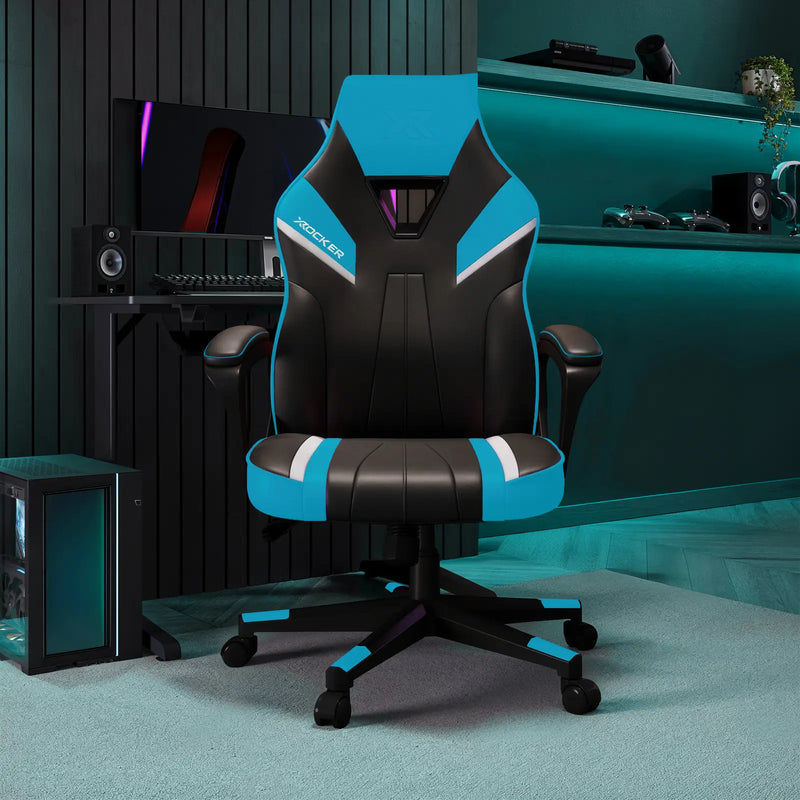 Gaming chair with black and blue design in a room with gaming setup.
