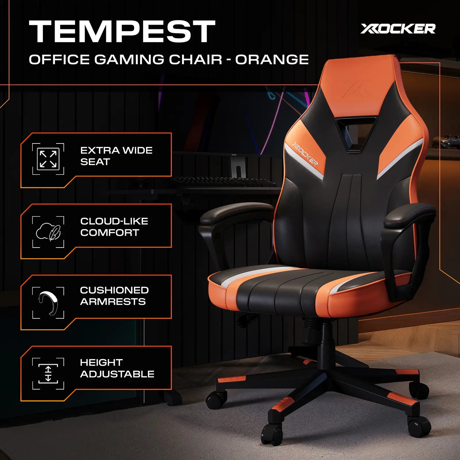 Orange and black gaming chair with features highlighted on a dark background