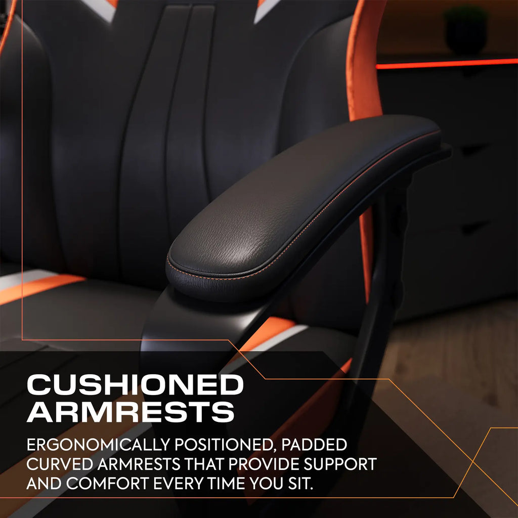 Gaming chair with cushioned armrests and text highlighting support and comfort.
