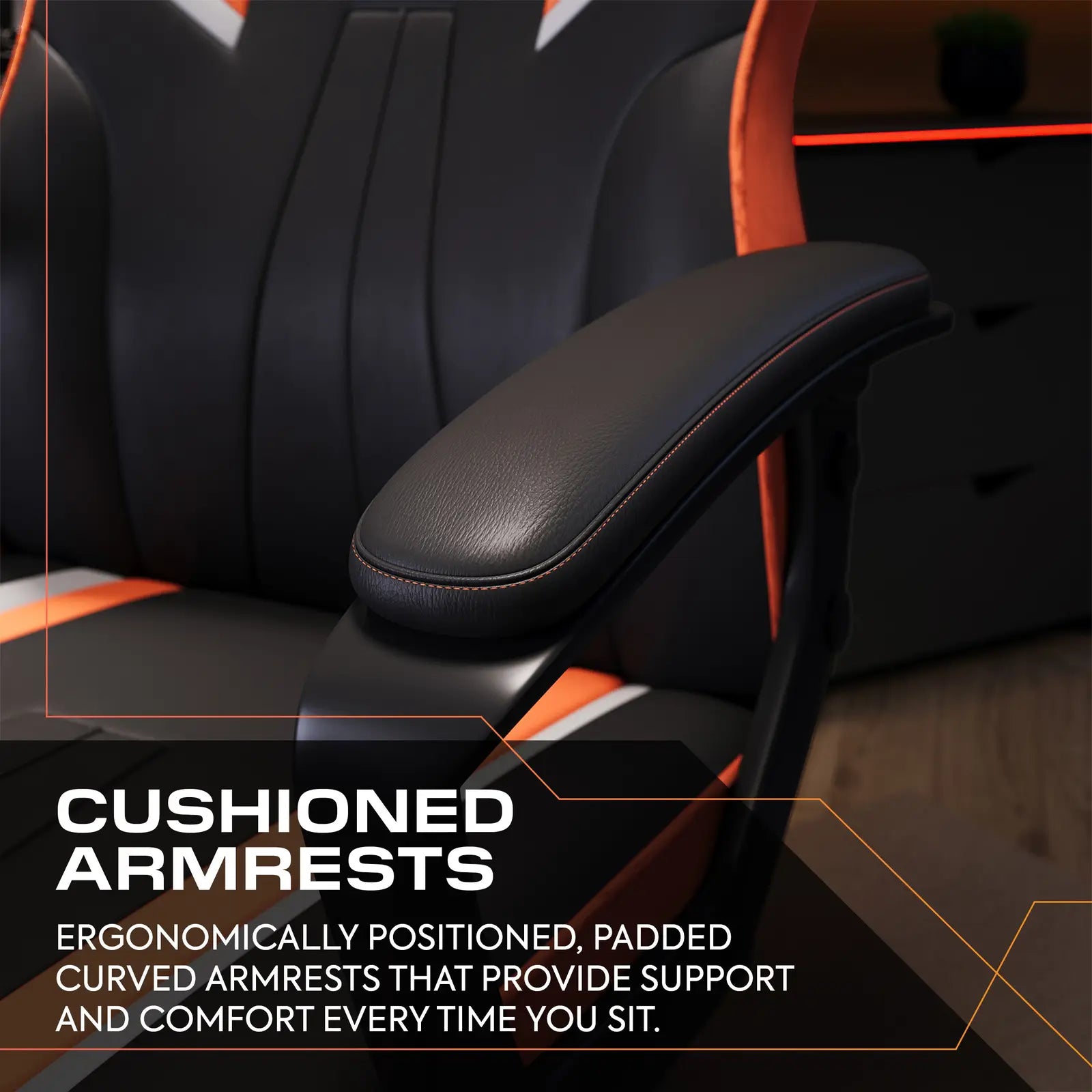 Gaming chair with cushioned armrests and text highlighting support and comfort.