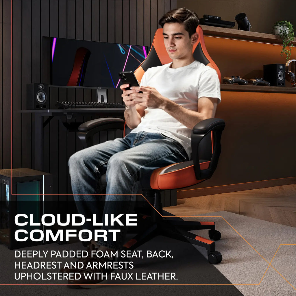 Man sat in a mid back office chair with wide seat base.