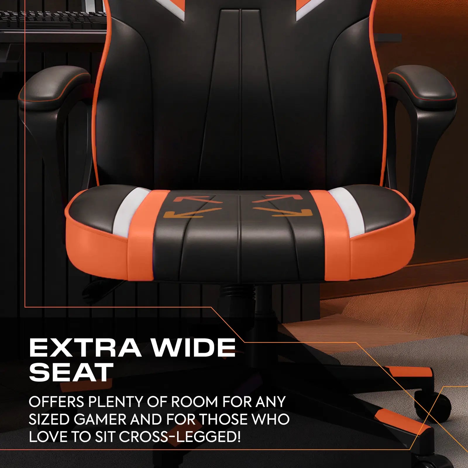 Gaming chair with black and orange design in a room setting