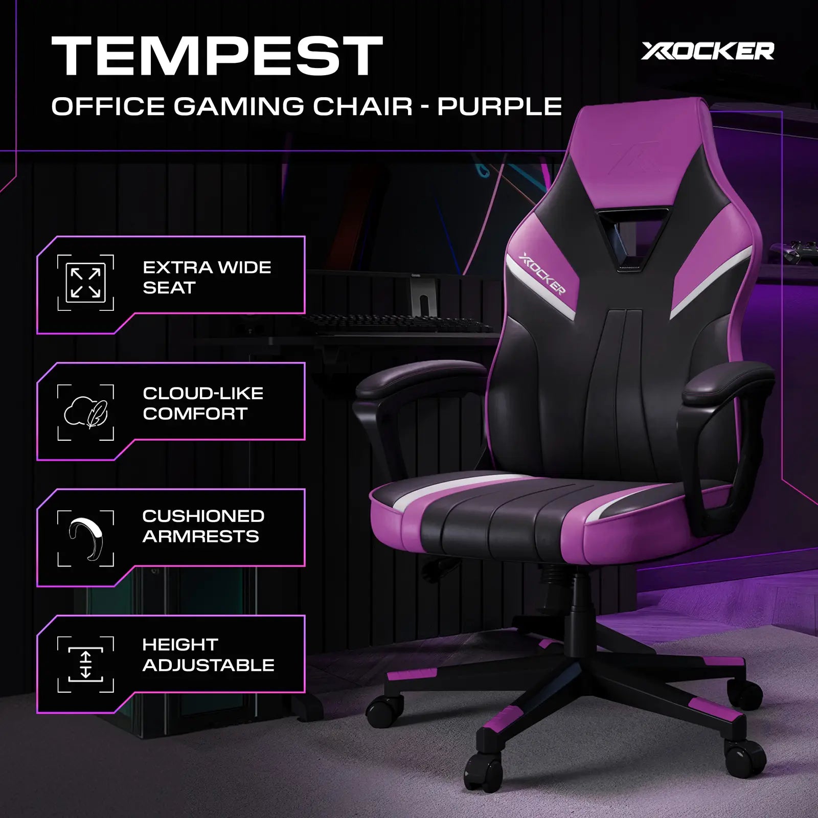 X rocker Tempest office gaming chair in purple with features listed on a dark background