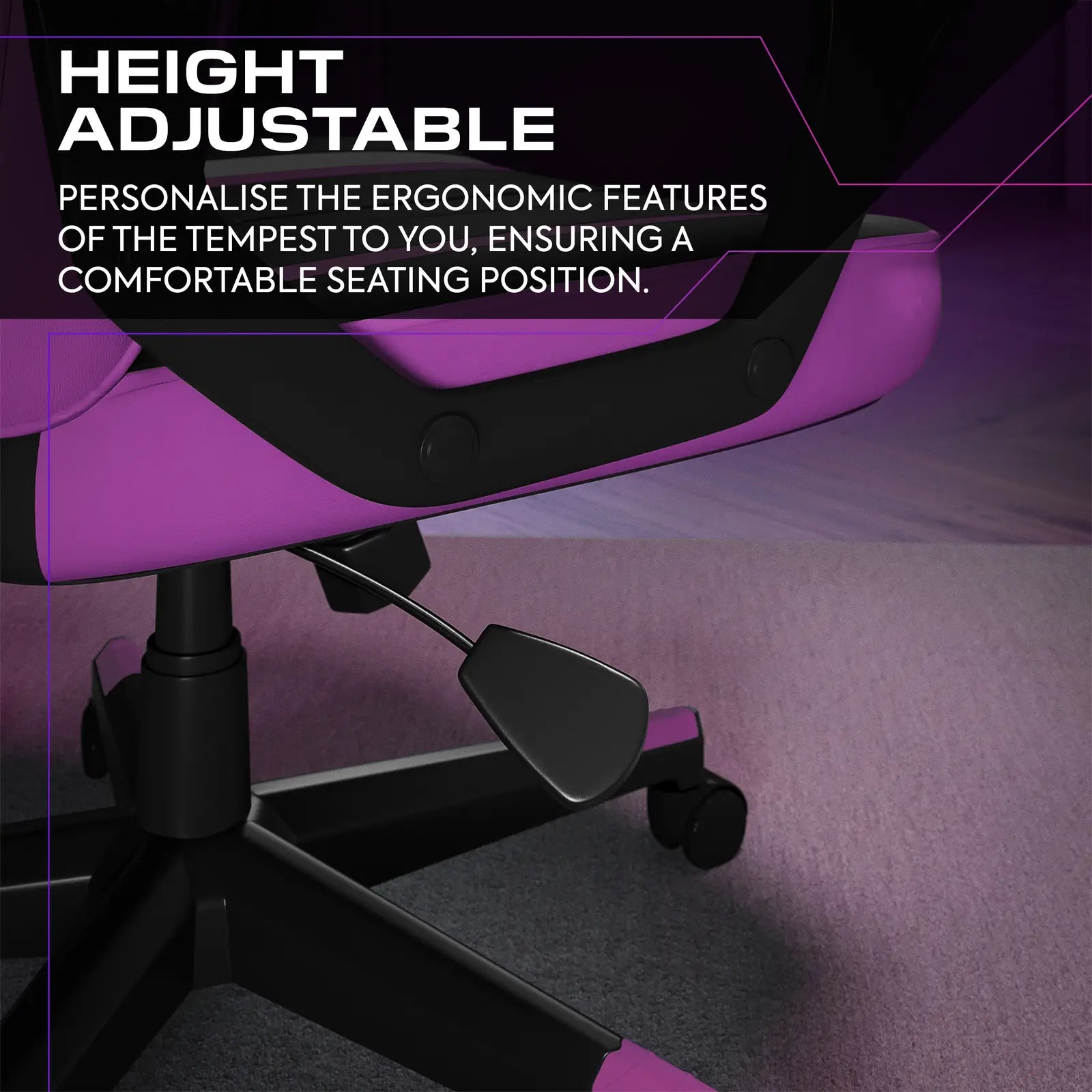 Purple office chair with height adjustable feature highlighted