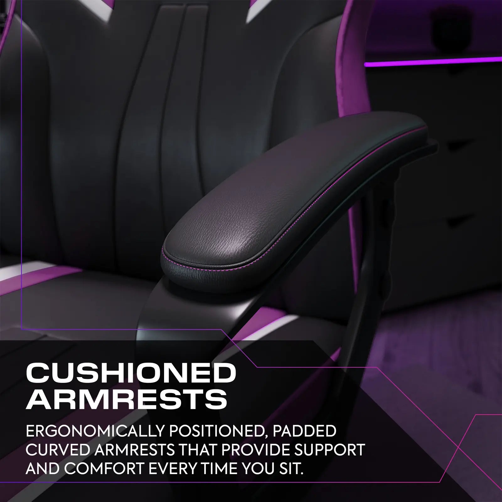 Black ergonomic chair with cushioned armrests on a dark background