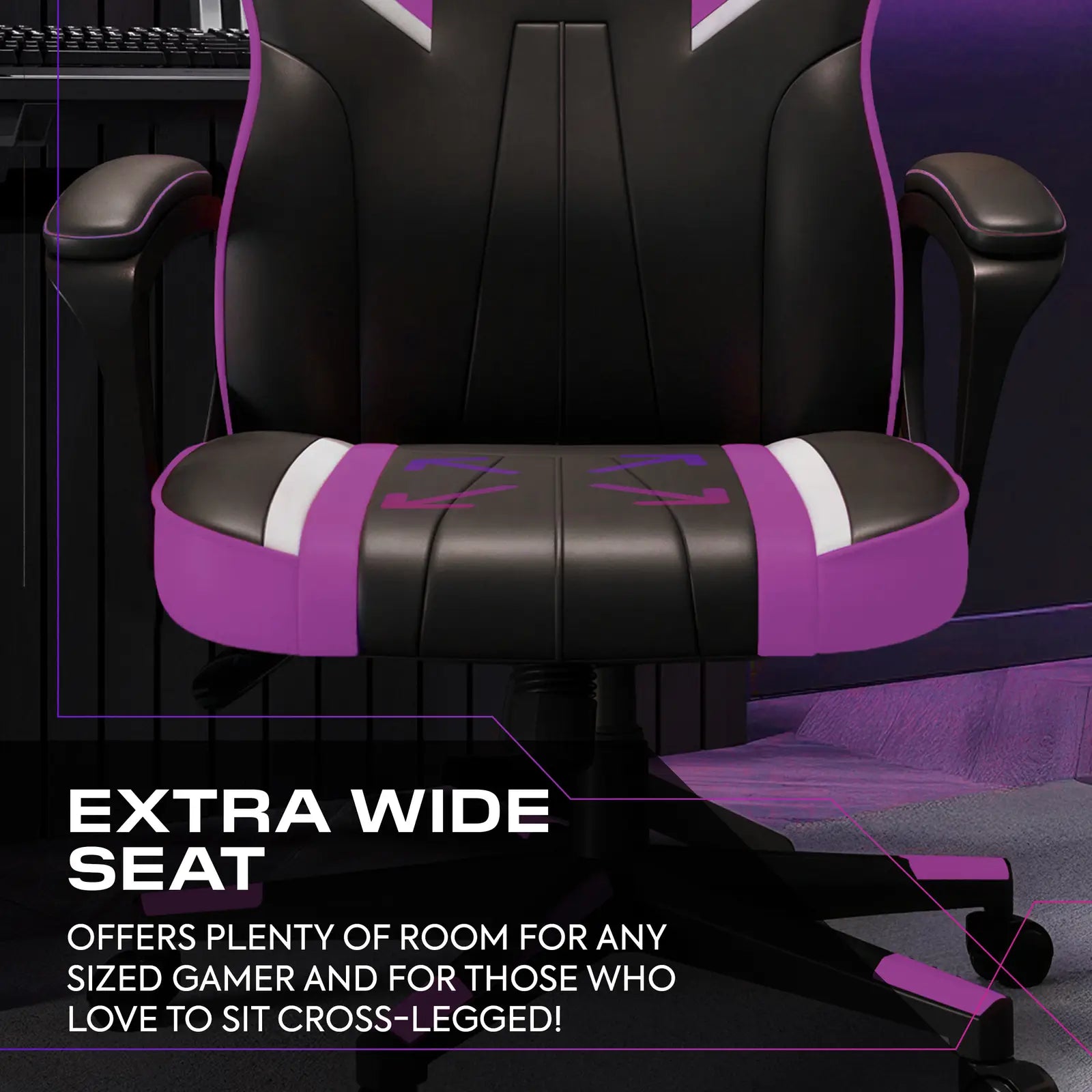 Gaming chair with purple and black design on a dark background